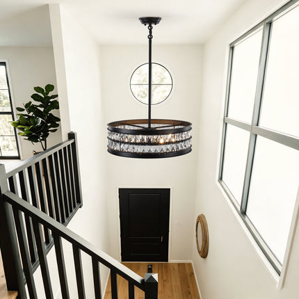 Modern 6-Light Matte Black Crystal Drum Chandelier