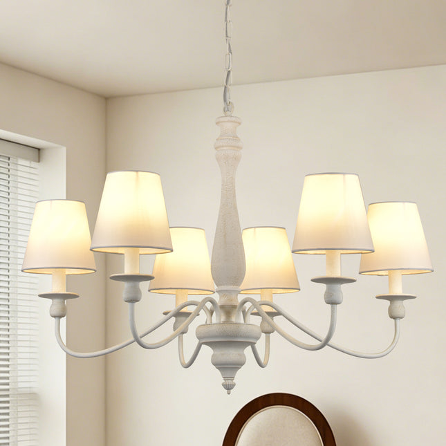 6-Light Antique White Wood Farmhouse Chandelier with Fabric Shades