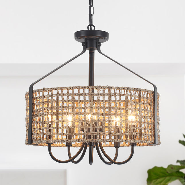 5-Light Woven Seagrass Drum Chandelier