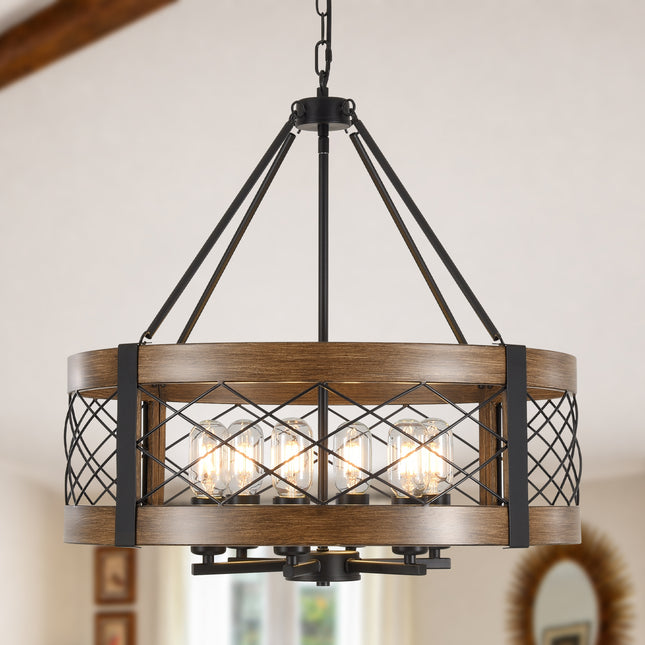 6-Light Farmhouse Faux Wood Drum Chandelier