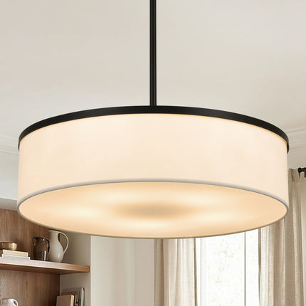 5-Light Black Drum Pendant with White Fabric Shade