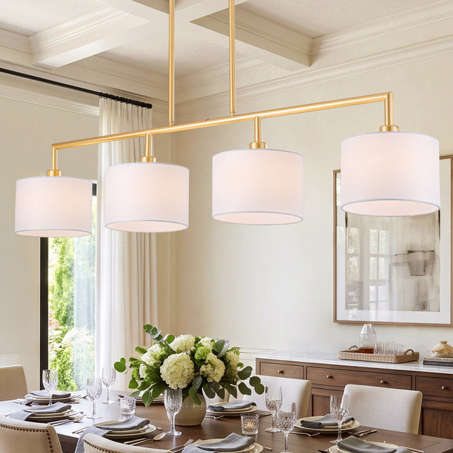 4-Light Matte Gold Island Light with White Drum Fabric Shades
