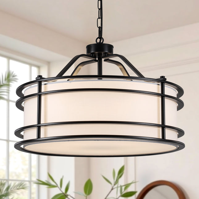 5-Light Matte Black Chandelier with Fabric Drum Shade
