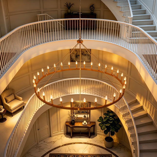 30-Light Matte Gold Rope Wagon Wheel Chandelier