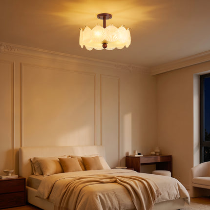 5-Light Brass Wood & Frosted Shell Glass Ceiling Light