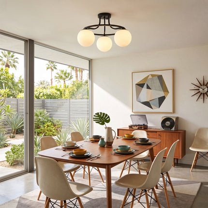 3-Light Satin Nickel Globe Ceiling Light with Frosted White Glass