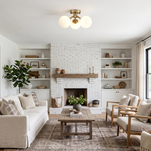 3-Light Gold Milk Glass Globe Semi Flush Mount