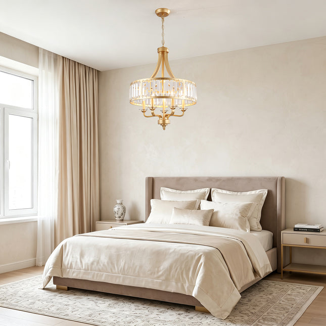 5-Light Brushed Brass Candle Chandelier with Crystal Rod Shades