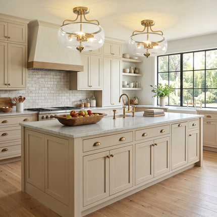 3-Light Brushed Brass Clear Glass Ceiling Light