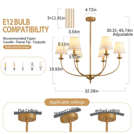 6-Light Brushed Brass Candle Chandelier with Linen Shades