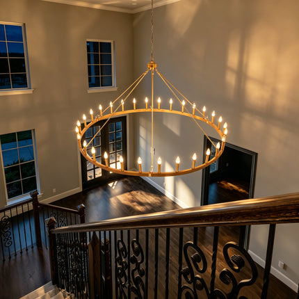 30-Light Matte Gold Rope Wagon Wheel Chandelier