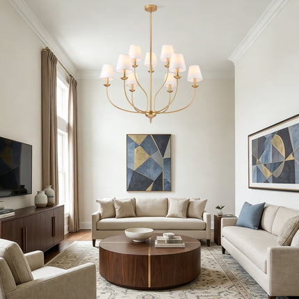 9-Light 2-Tier Brushed Brass Candle Chandelier with Linen Shades