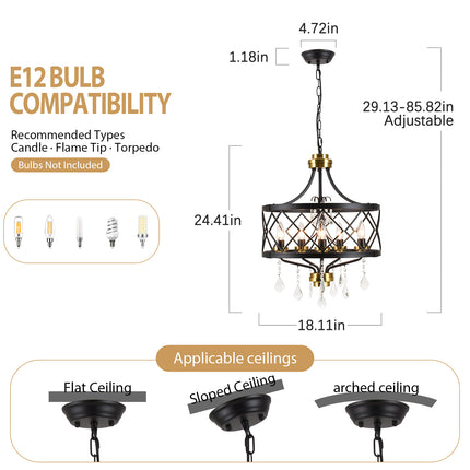 5-Light Matte Black & Antique Brass Diamond Crystal Chandelier