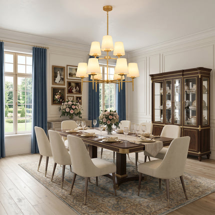 9-Light 2-Tier Matte Gold Chandelier with White Linen Shades