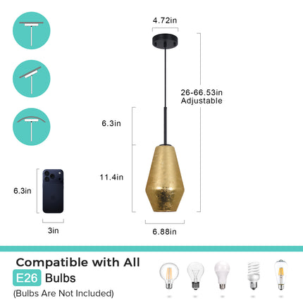 1-Light Matte Black & Gold Foil Glass Pendant
