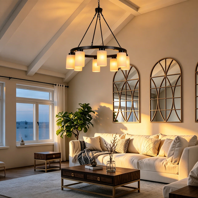 8-Light Black Wagon Wheel Chandelier with Frosted Glass