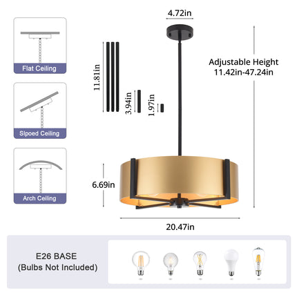 5-Light Black Metal Drum Flush Mount Ceiling Light