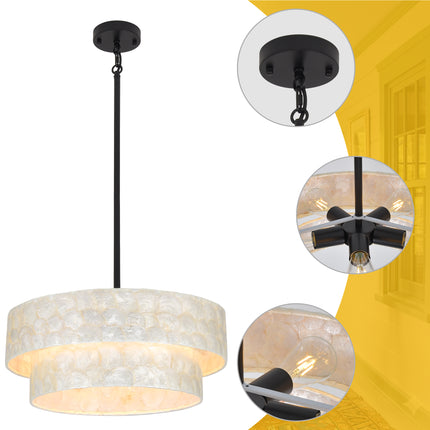 5-Light Black 2-Tier Capiz Shell Drum Chandelier