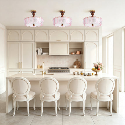 5-Light Brass Wood Ball & Pink Flower Glass Ceiling Light