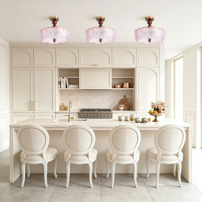 5-Light Brass Wood Ball & Pink Flower Glass Ceiling Light
