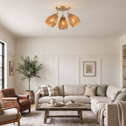3-Light Matte Gold Adjustable Rattan Ceiling Light