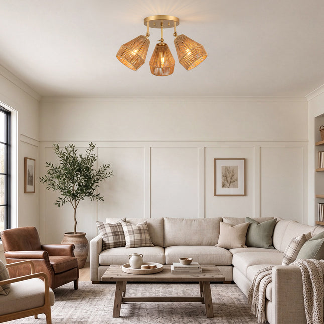 3-Light Matte Gold Adjustable Rattan Ceiling Light
