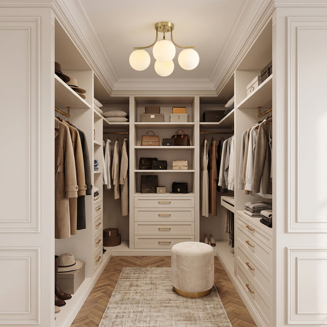 4-Light Brushed Brass Milk Glass Globe Semi Flush Mount