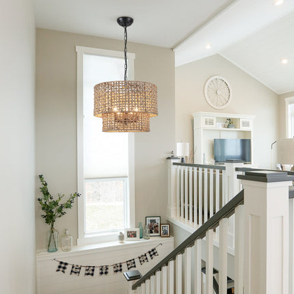 5-Light 2-Tier Woven Seagrass pendant light