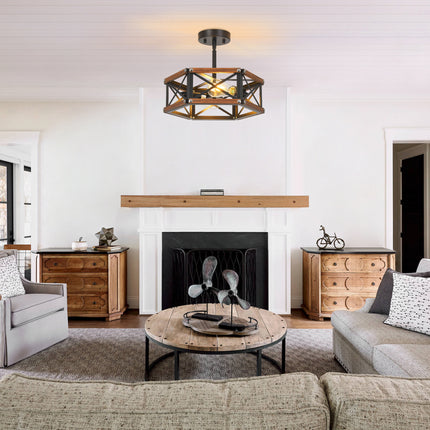 2-Light Rustic Wood Geometric Ceiling Light
