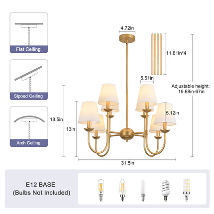 8-Light Brushed Brass Chandelier with Mini Linen Shades