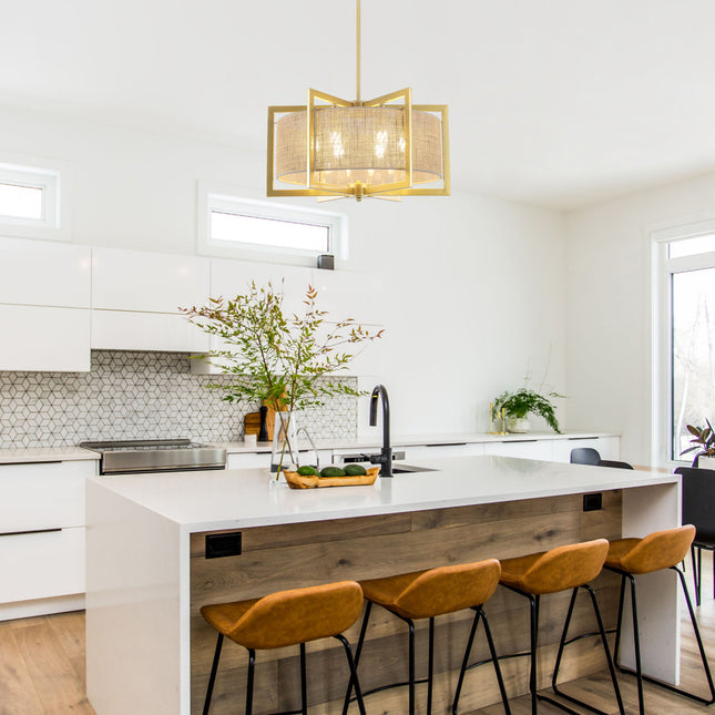 Gold Square Frame 6-Light Chandelier with Linen Shade