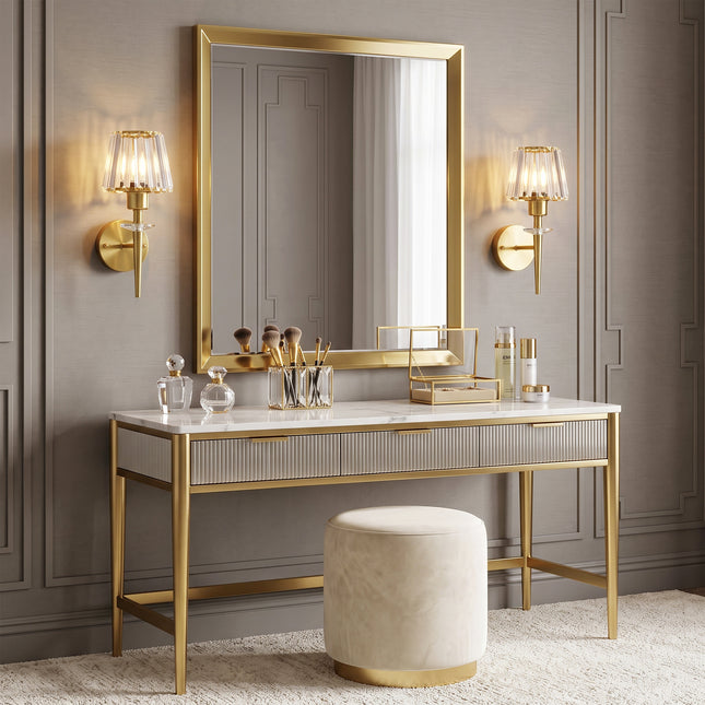 Set of 2 Brushed Brass 1-Light Fluted Glass Wall Sconces