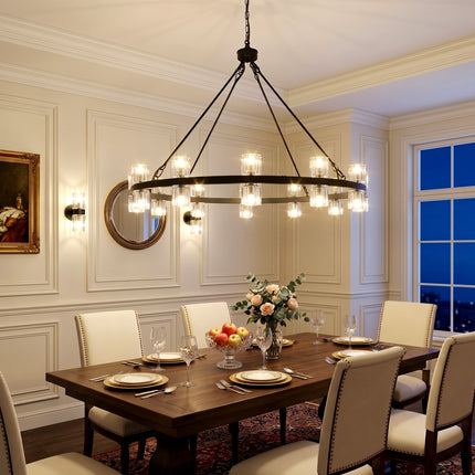 24-Light Black Crystal Wagon Wheel Chandelier