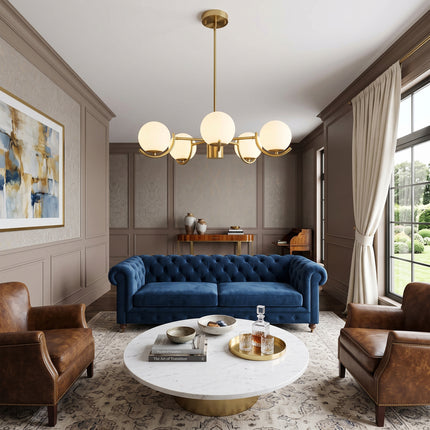 5-Light Brushed Brass Convertible Globe Ceiling Light with Milk Glass