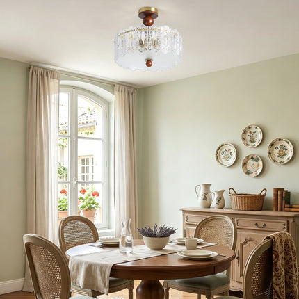 5-Light Antique Brass Wood Ball & Etched Glass Ceiling Light
