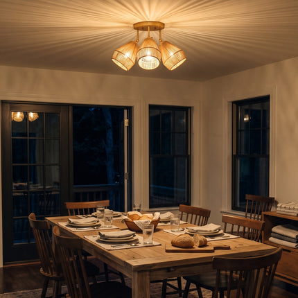 3-Light Matte Gold Adjustable Rattan Ceiling Light