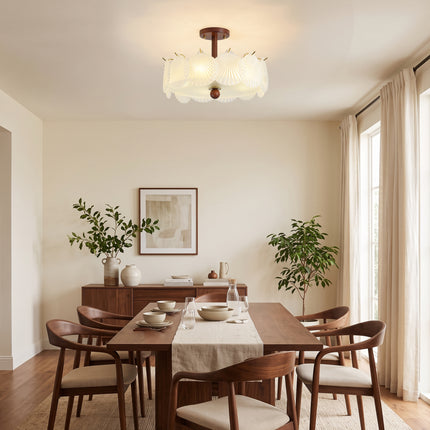 5-Light Brass Wood & Frosted Shell Glass Ceiling Light