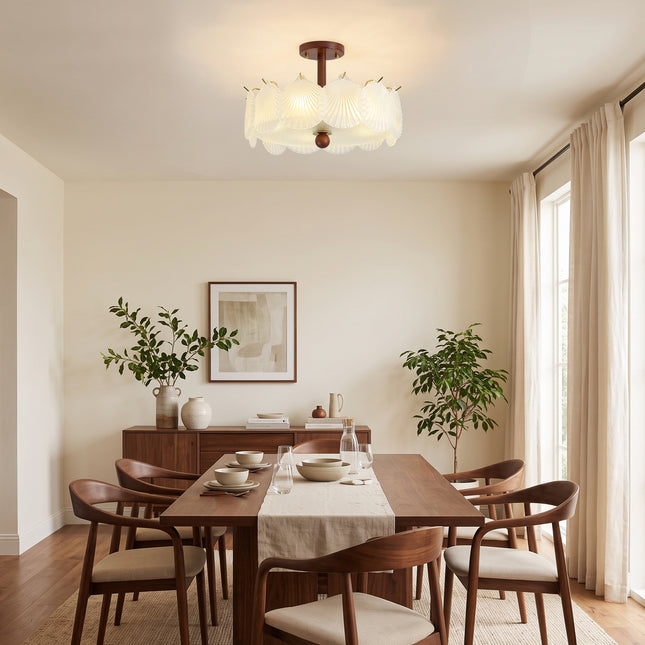 5-Light Brass Wood & Frosted Shell Glass Ceiling Light