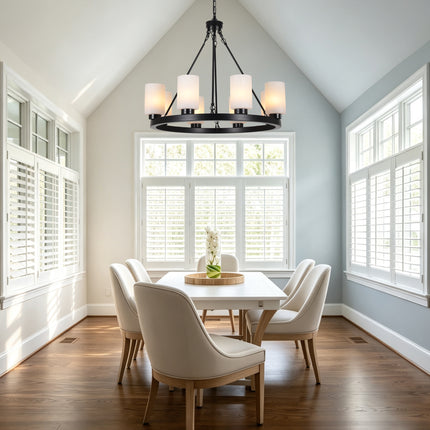8-Light Black Wagon Wheel Chandelier with Frosted Glass