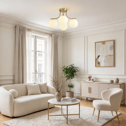 4-Light Brushed Brass Milk Glass Globe Semi Flush Mount