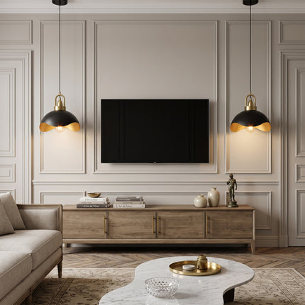 2-Pack 11.8" Matte Black & Brass Wavy Dome Pendant Lights