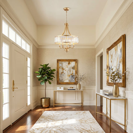 5-Light Brushed Brass Candle Chandelier with Crystal Rod Shades