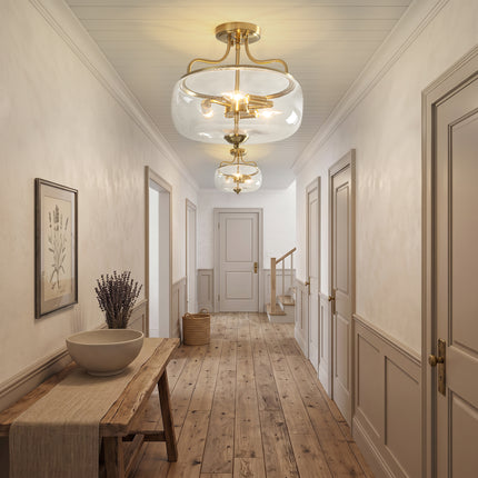 3-Light Brushed Brass Clear Glass Ceiling Light