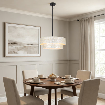 5-Light Black 2-Tier Capiz Shell Drum Chandelier