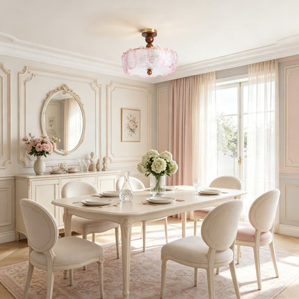 5-Light Brass Wood Ball & Pink Flower Glass Ceiling Light