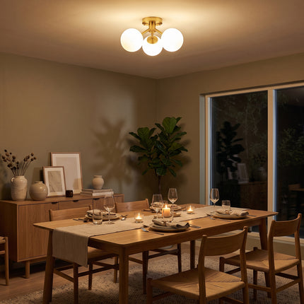3-Light Gold Milk Glass Globe Semi Flush Mount