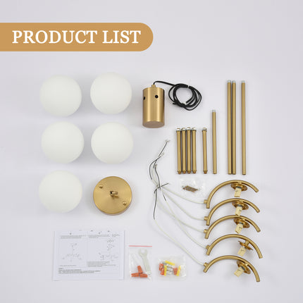 5-Light Brushed Brass Convertible Globe Ceiling Light with Milk Glass