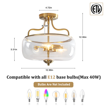 3-Light Brushed Brass Clear Glass Ceiling Light