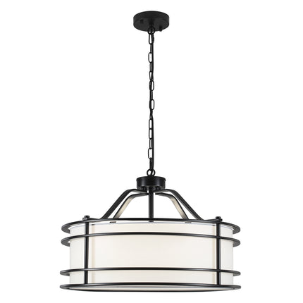 5-Light Matte Black Chandelier with Fabric Drum Shade