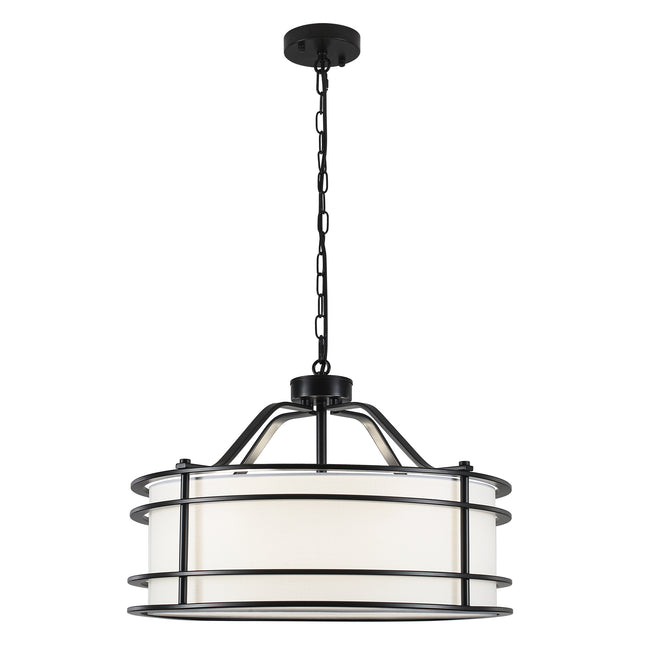5-Light Matte Black Chandelier with Fabric Drum Shade